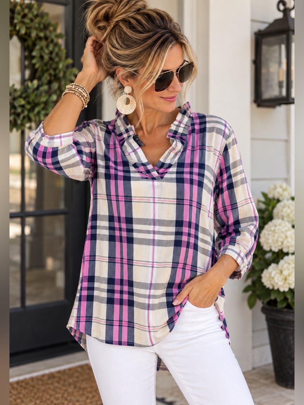 Crown & Ivy Pink Navy Plaid Ruffle Collar Cotton Tunic Top M